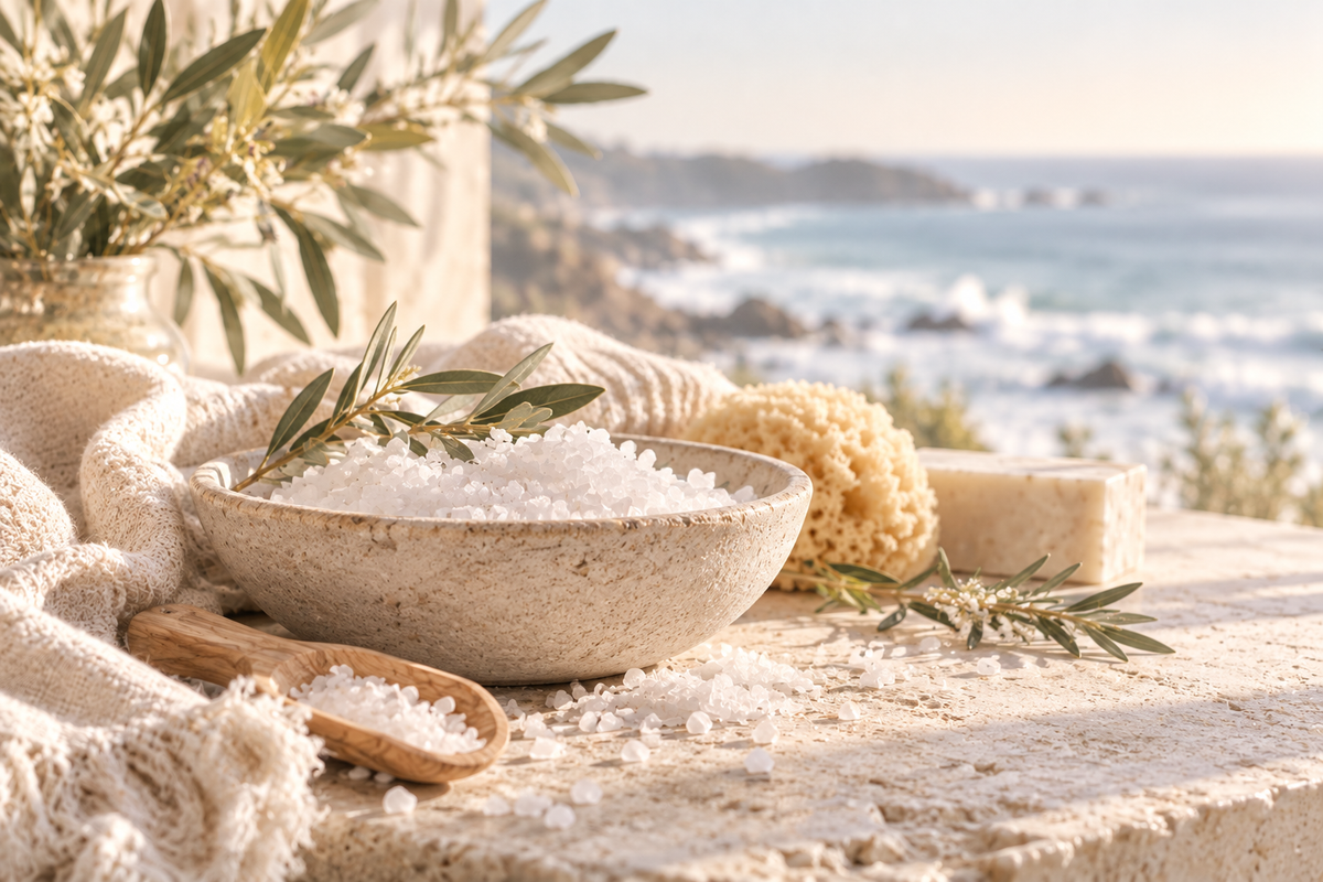 Bowl of sea salt and bath products on a coastal-inspired wooden tray, evoking a calming bathing ritual