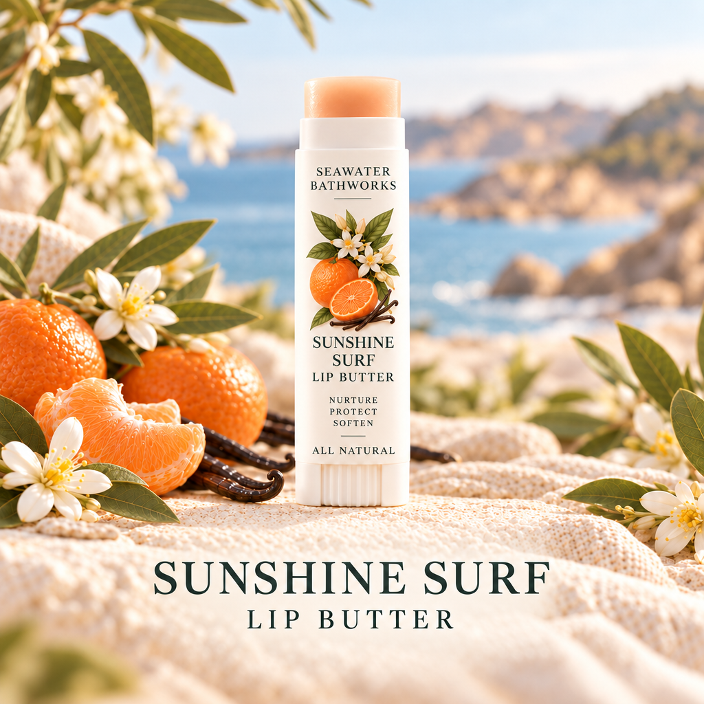 Sunshine Surf Lip Butter Balm by Seawater Bathworks surrounded by tangerines, vanilla beans, and white citrus blossoms against a coastal backdrop