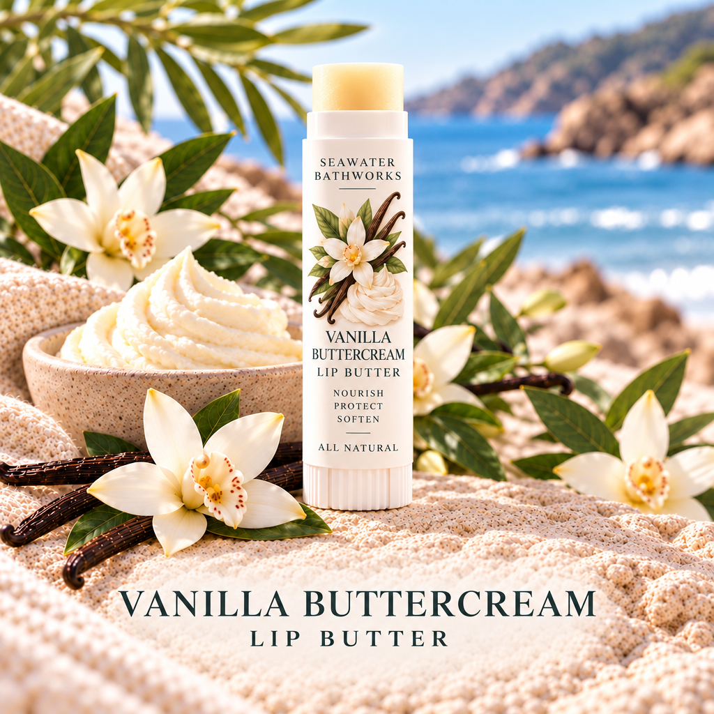 Vanilla Buttercream Lip Butter by Seawater Bathworks surrounded by vanilla orchid flowers, vanilla bean pods, and whipped cream against a coastal backdrop