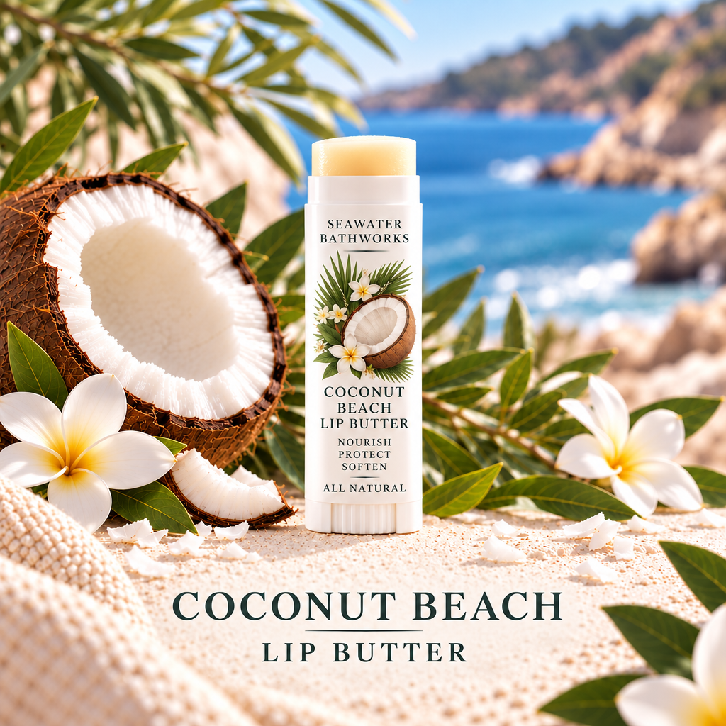 Coconut Beach Lip Butter by Seawater Bathworks surrounded by cracked coconut, plumeria flowers, and tropical leaves against a coastal backdrop