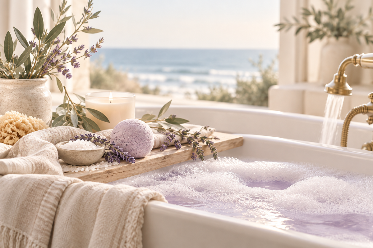 Lavender bath bomb resting on a wooden tray beside sea salts, a candle, and fresh botanicals over a bubbling bath with an ocean view