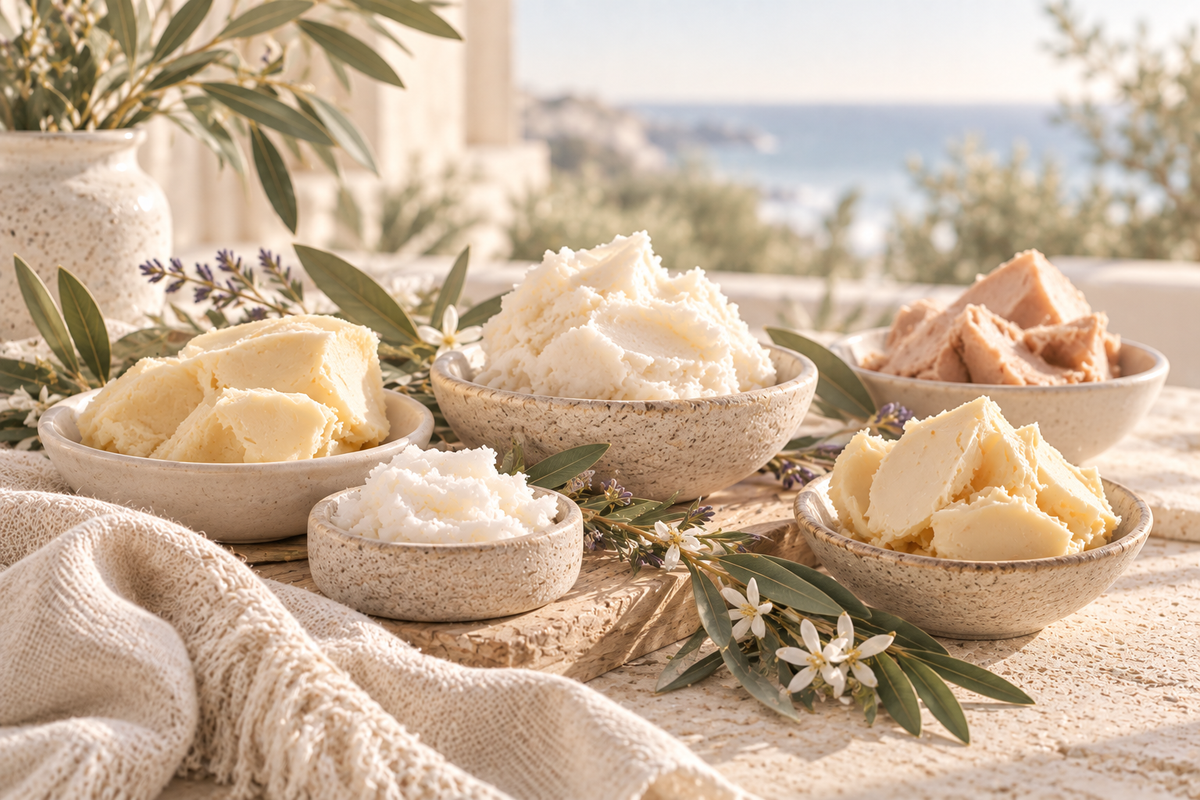 Assortment of botanical butters and natural plant-based ingredients used in handcrafted bath and body products